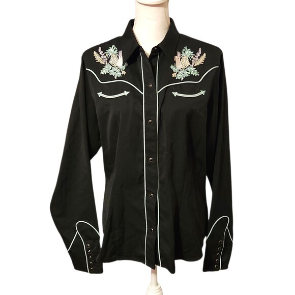 Roper Tops - Roper Western Shirt Pearl Snap Black Teal Trim Drink Embroidery Womens Size XL